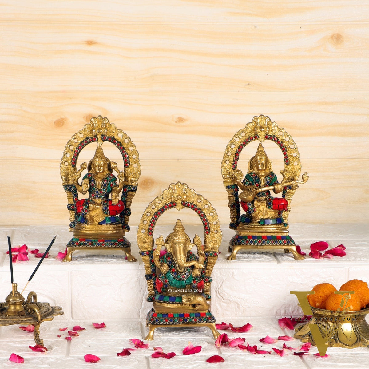 Divine Ganesha with Lakshmi and Saraswati - Handcrafted Brass Statues - 8"