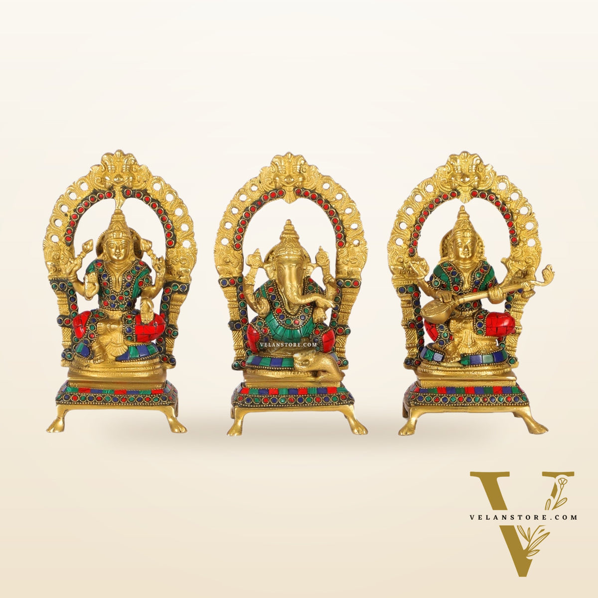 Divine Ganesha with Lakshmi and Saraswati - Handcrafted Brass Statues - 8"