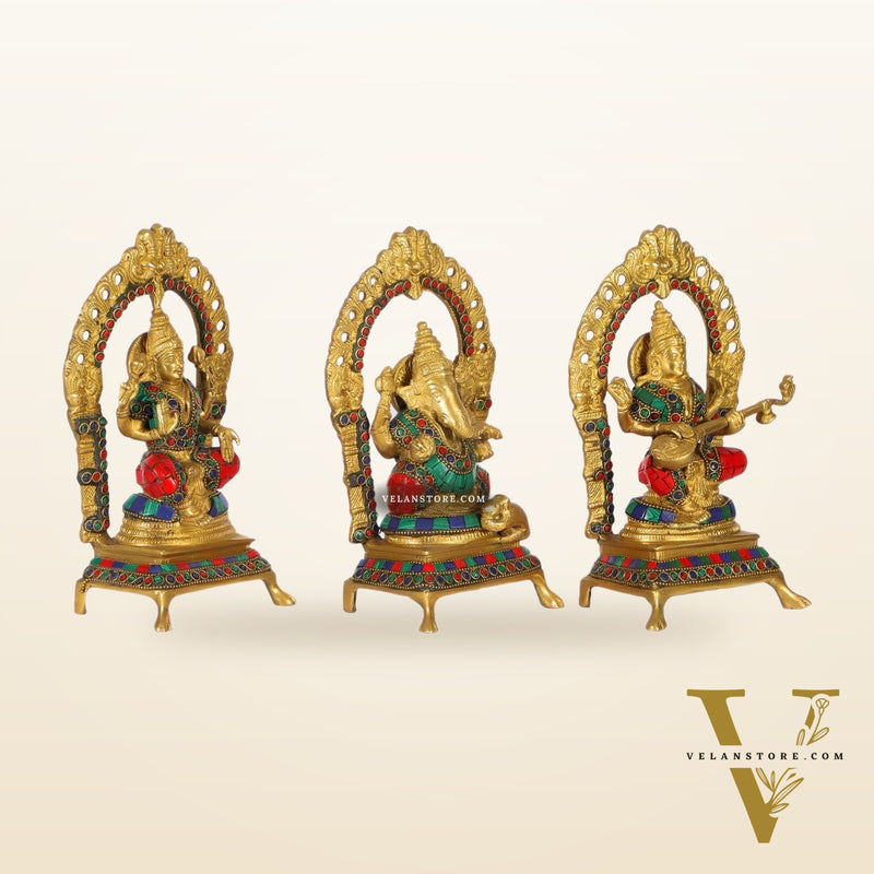 Divine Ganesha with Lakshmi and Saraswati - Handcrafted Brass Statues - 8"