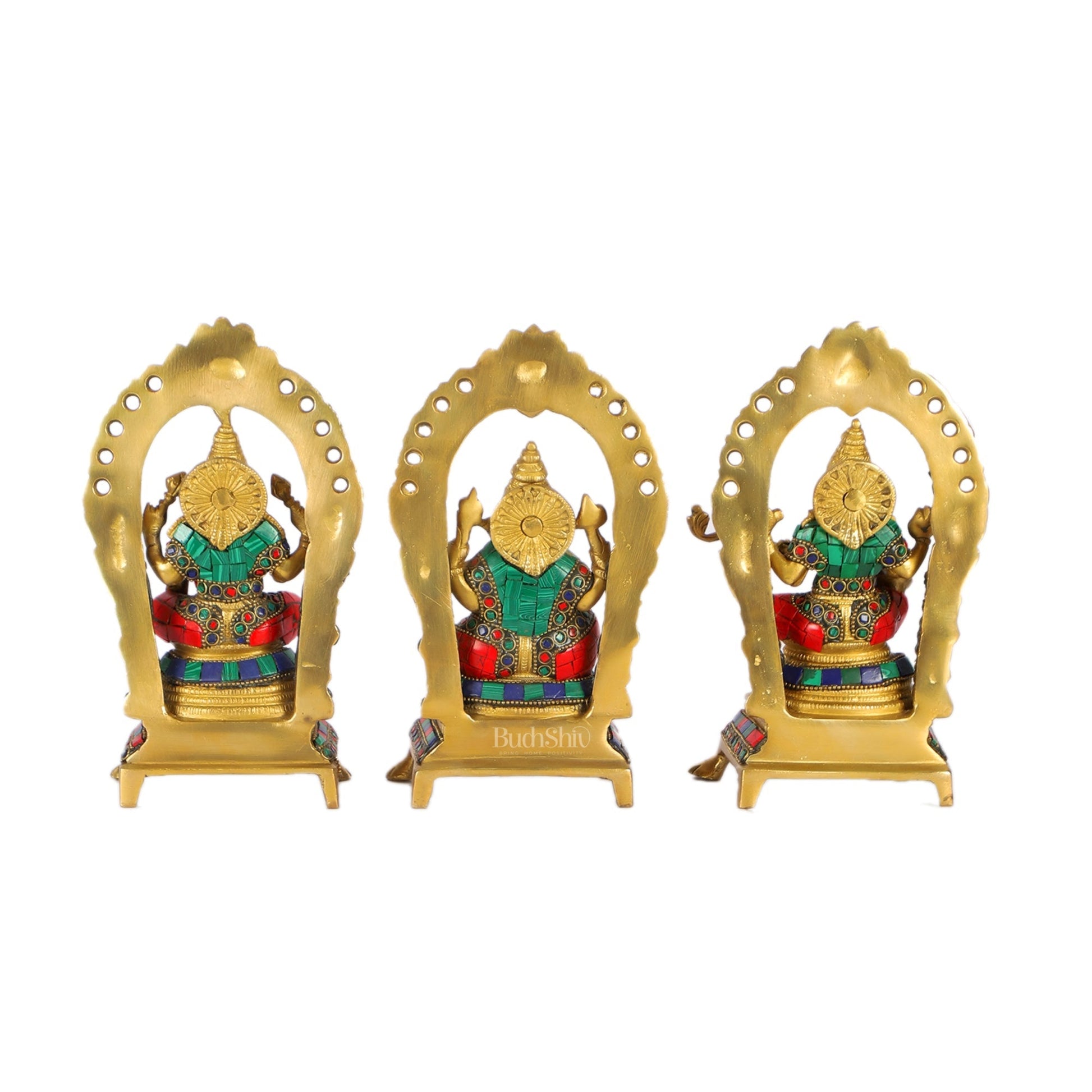 Divine Ganesha with Lakshmi and Saraswati - Handcrafted Brass Statues - 8"