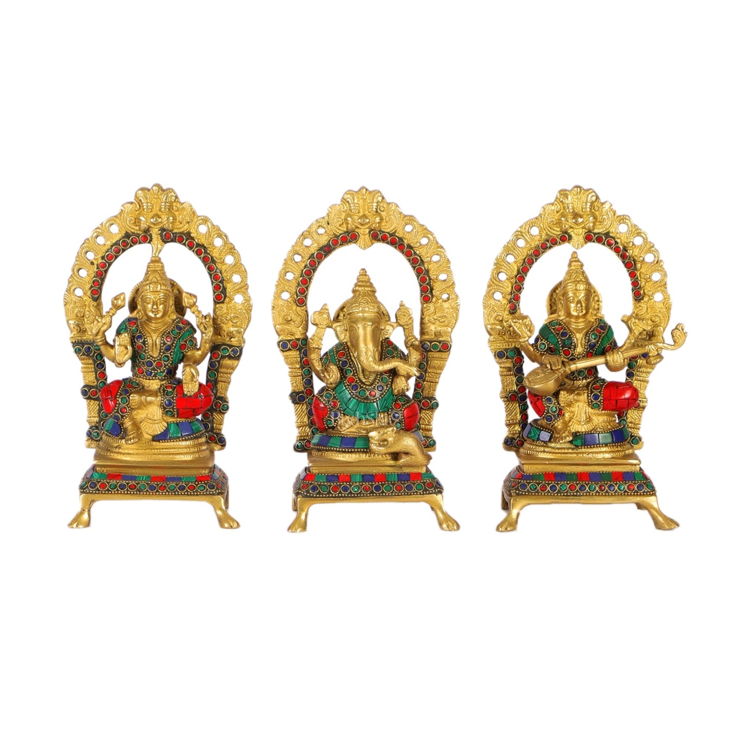Divine Ganesha with Lakshmi and Saraswati - Handcrafted Brass Statues - 8"