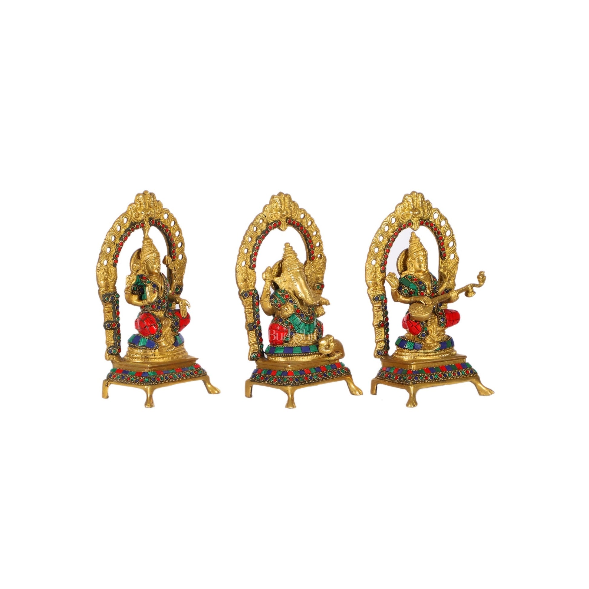 Divine Ganesha with Lakshmi and Saraswati - Handcrafted Brass Statues - 8"
