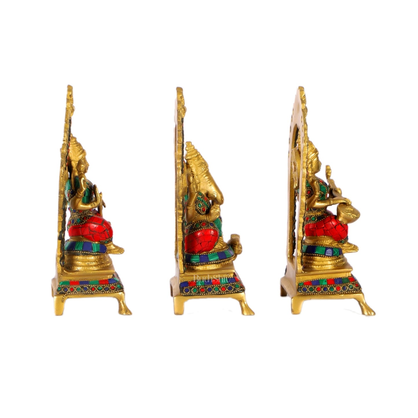 Divine Ganesha with Lakshmi and Saraswati - Handcrafted Brass Statues - 8"