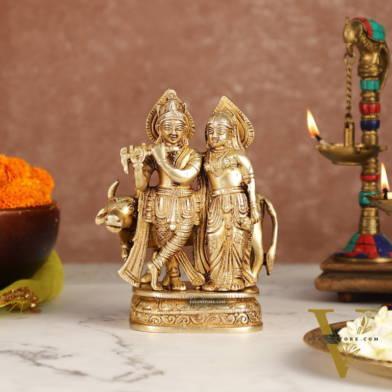 Divine Handcrafted Brass Radha Krishna with Cow Idol 7 Inch antique finish