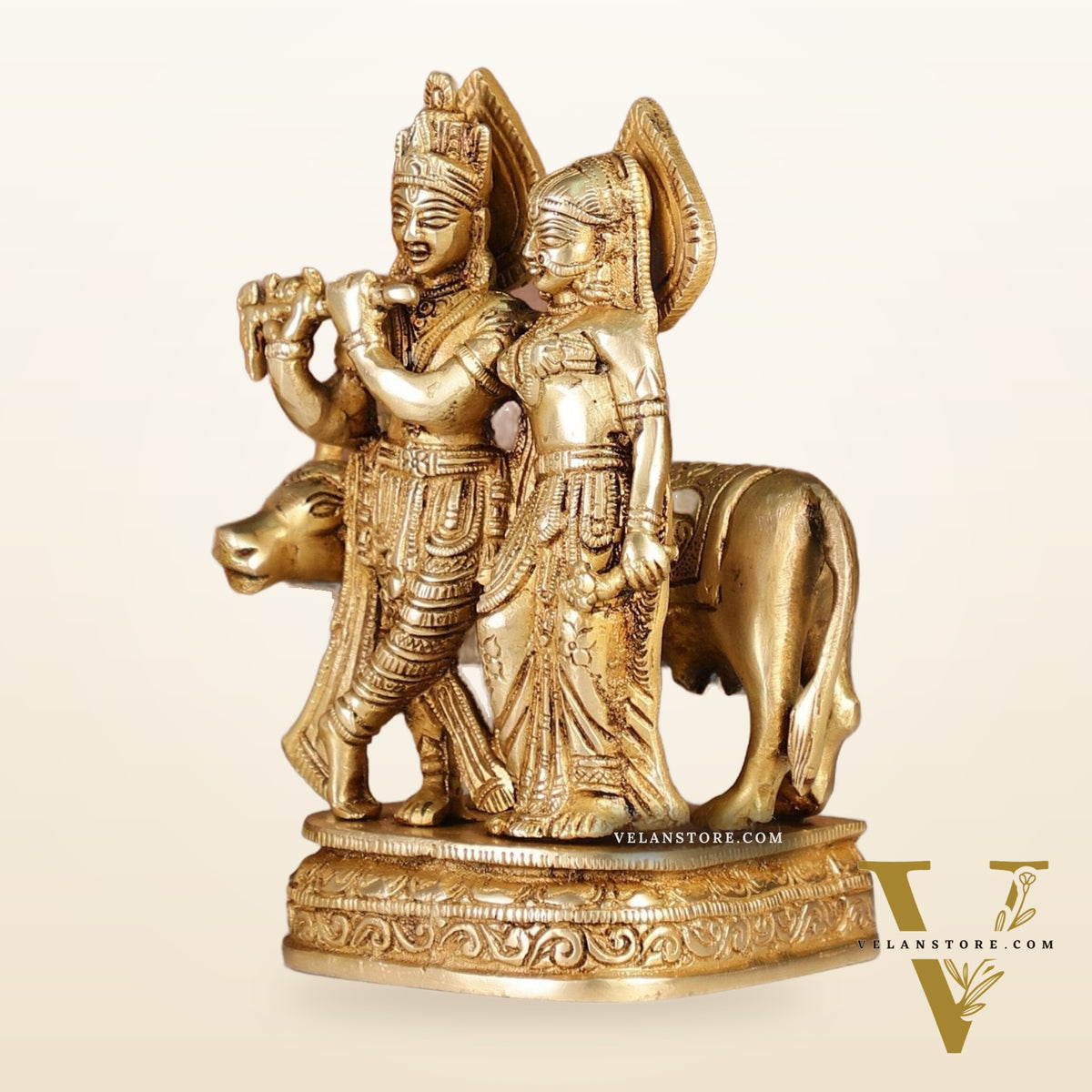 Divine Handcrafted Brass Radha Krishna with Cow Idol 7 Inch antique finish