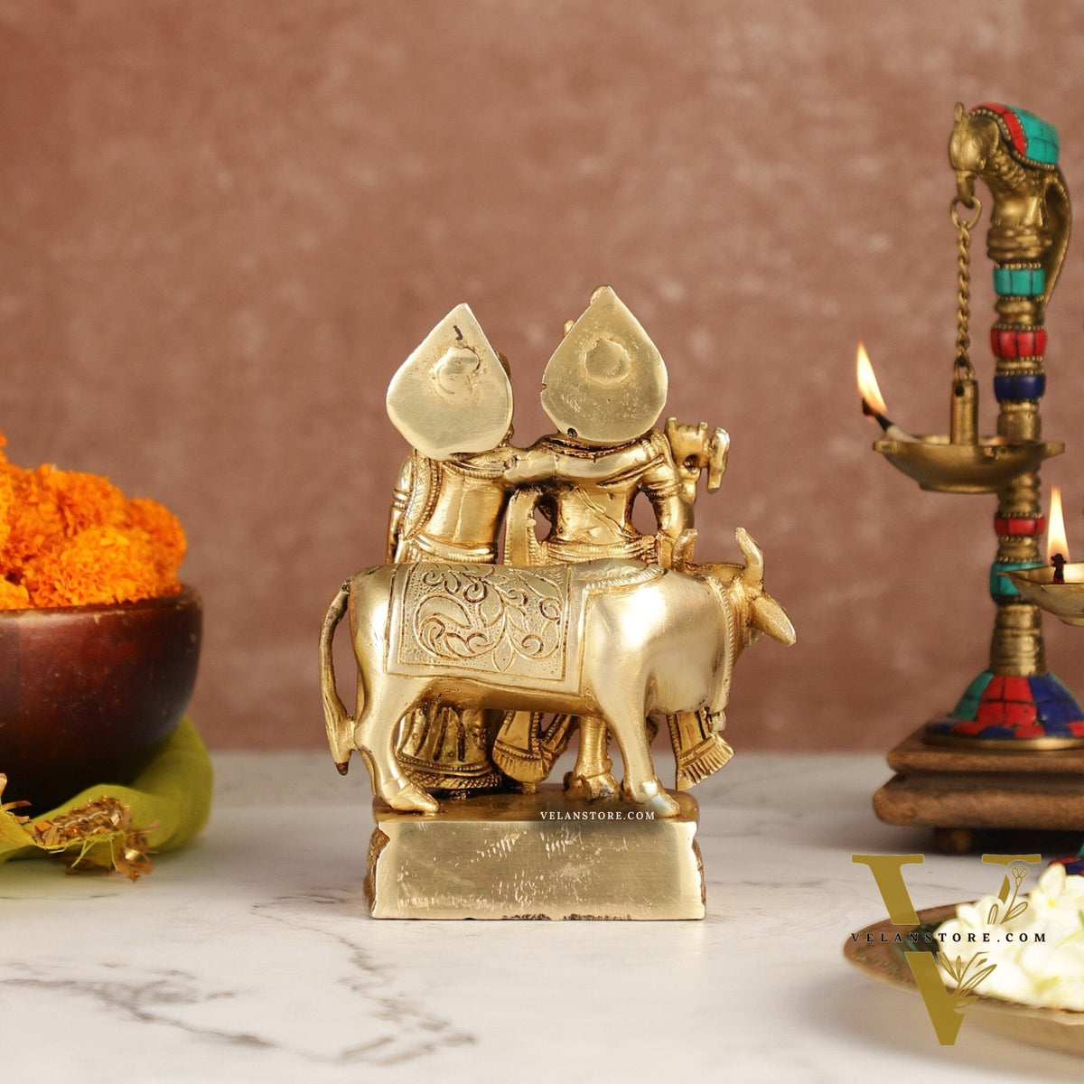 Divine Handcrafted Brass Radha Krishna with Cow Idol 7 Inch antique finish