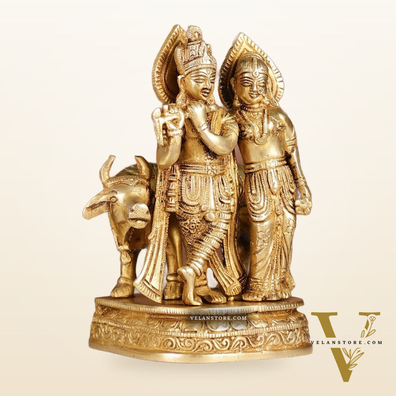Divine Handcrafted Brass Radha Krishna with Cow Idol 7 Inch antique finish