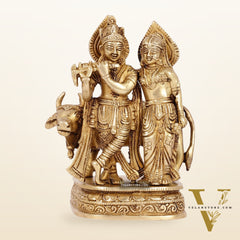 Divine Handcrafted Brass Radha Krishna with Cow Idol 7 Inch antique finish