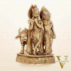Divine Handcrafted Brass Radha Krishna with Cow Idol 7 Inch antique finish