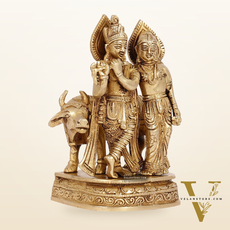 Divine Handcrafted Brass Radha Krishna with Cow Idol 7 Inch antique finish