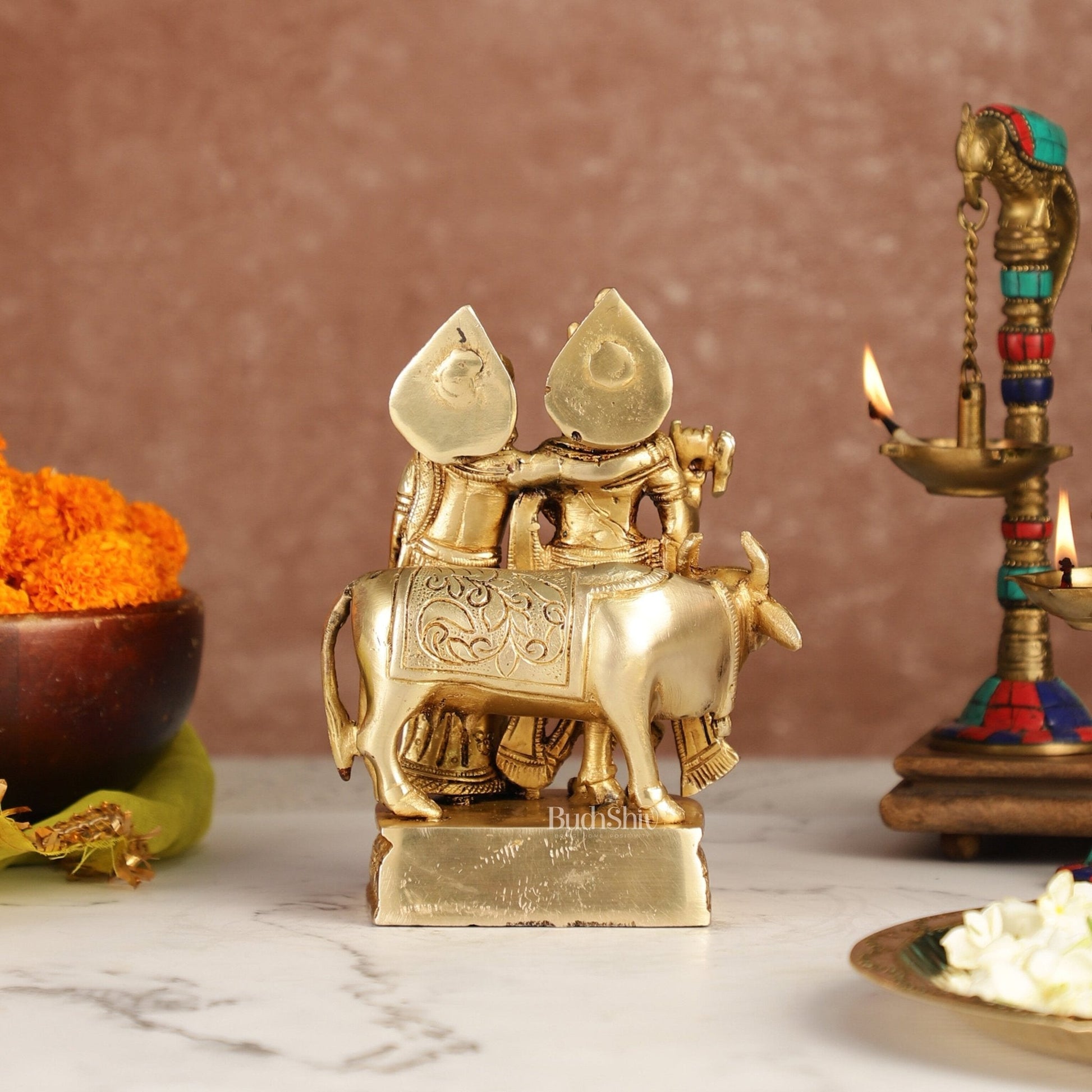 Divine Handcrafted Brass Radha Krishna with Cow Idol 7 Inch antique finish