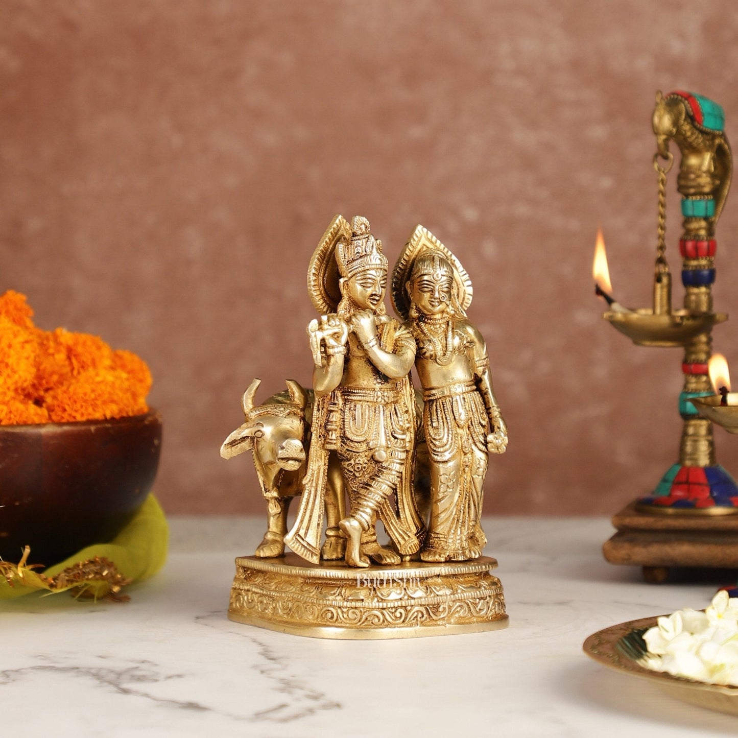 Divine Handcrafted Brass Radha Krishna with Cow Idol 7 Inch antique finish