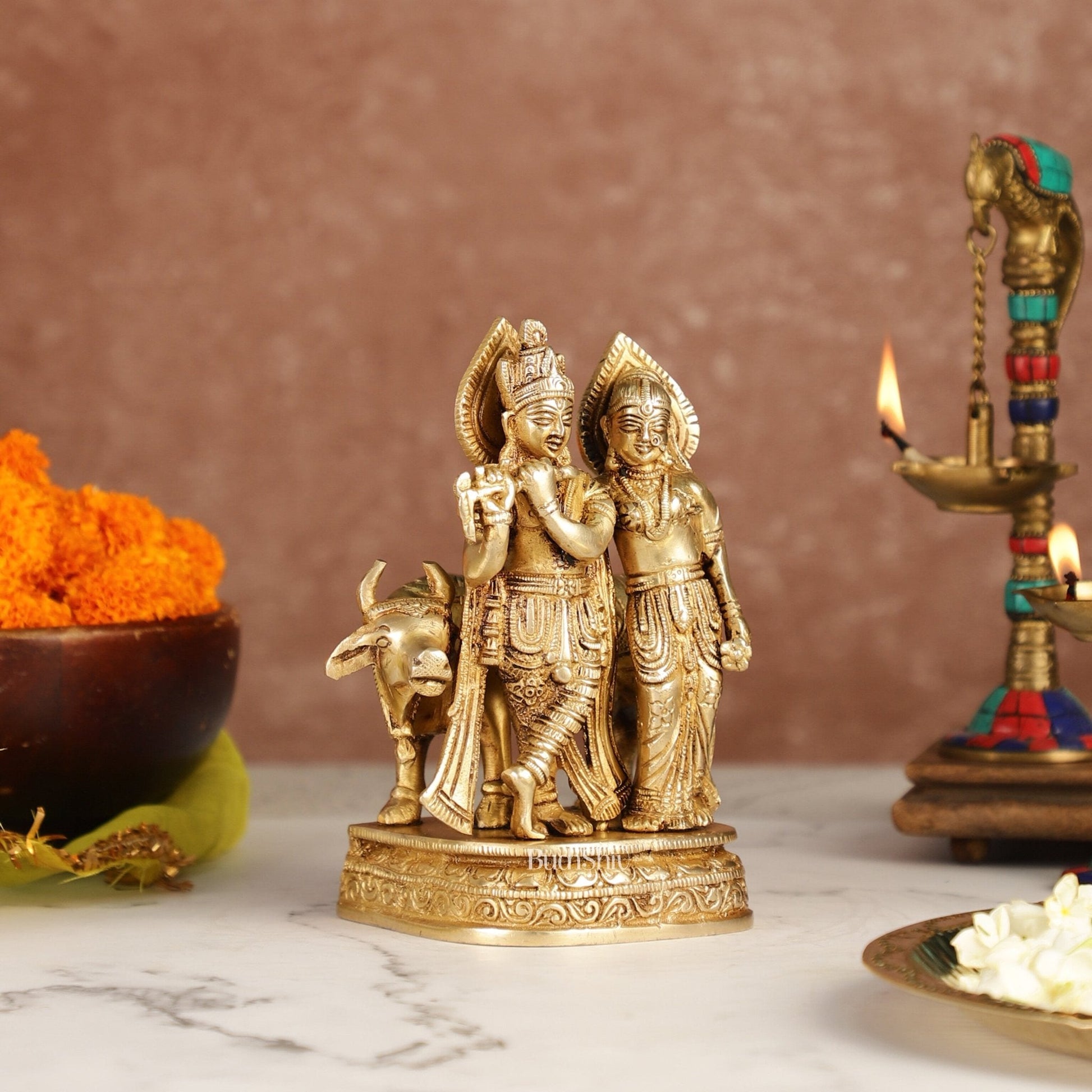 Divine Handcrafted Brass Radha Krishna with Cow Idol 7 Inch antique finish