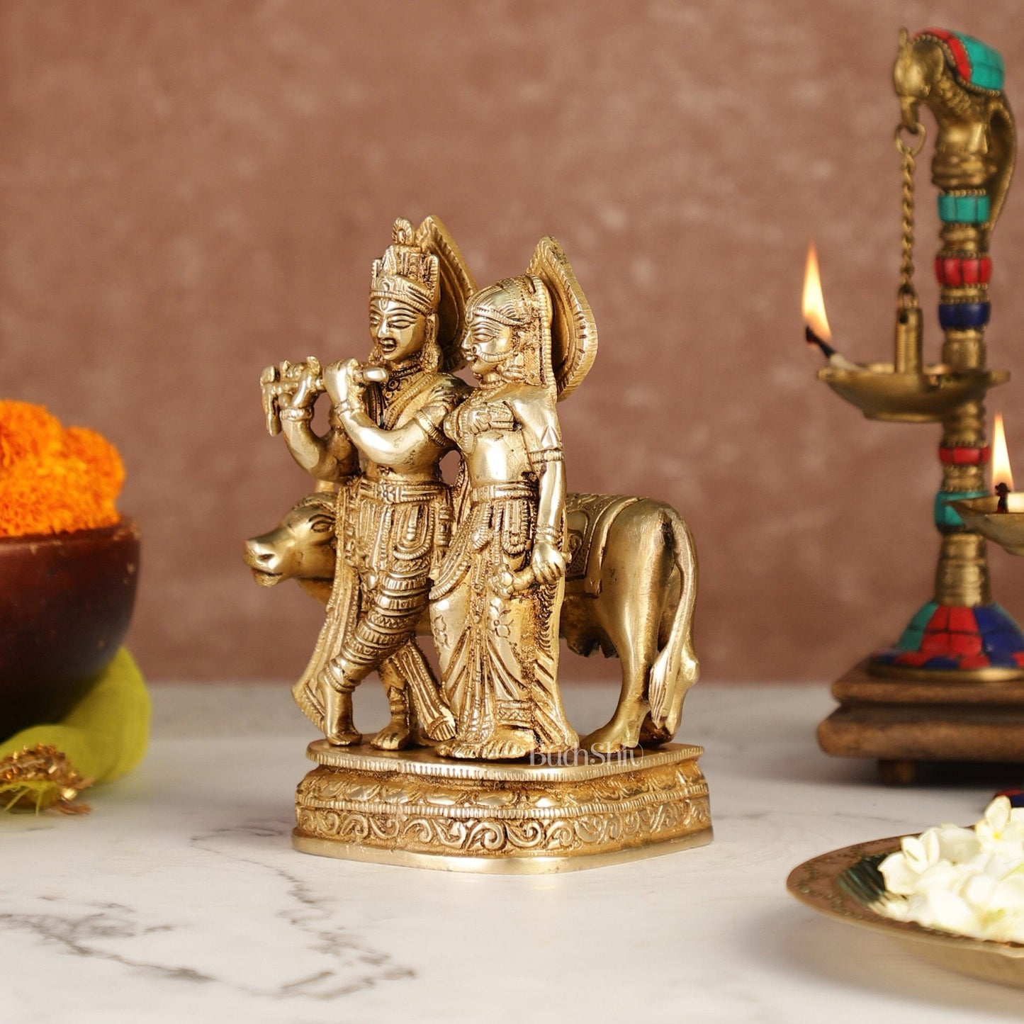 Divine Handcrafted Brass Radha Krishna with Cow Idol 7 Inch antique finish