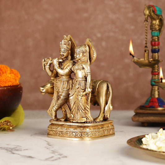 Divine Handcrafted Brass Radha Krishna with Cow Idol 7 Inch antique finish