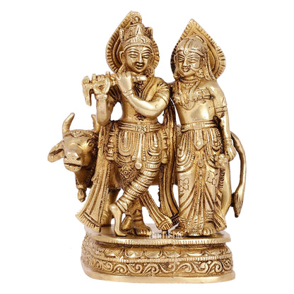 Divine Handcrafted Brass Radha Krishna with Cow Idol 7 Inch antique finish