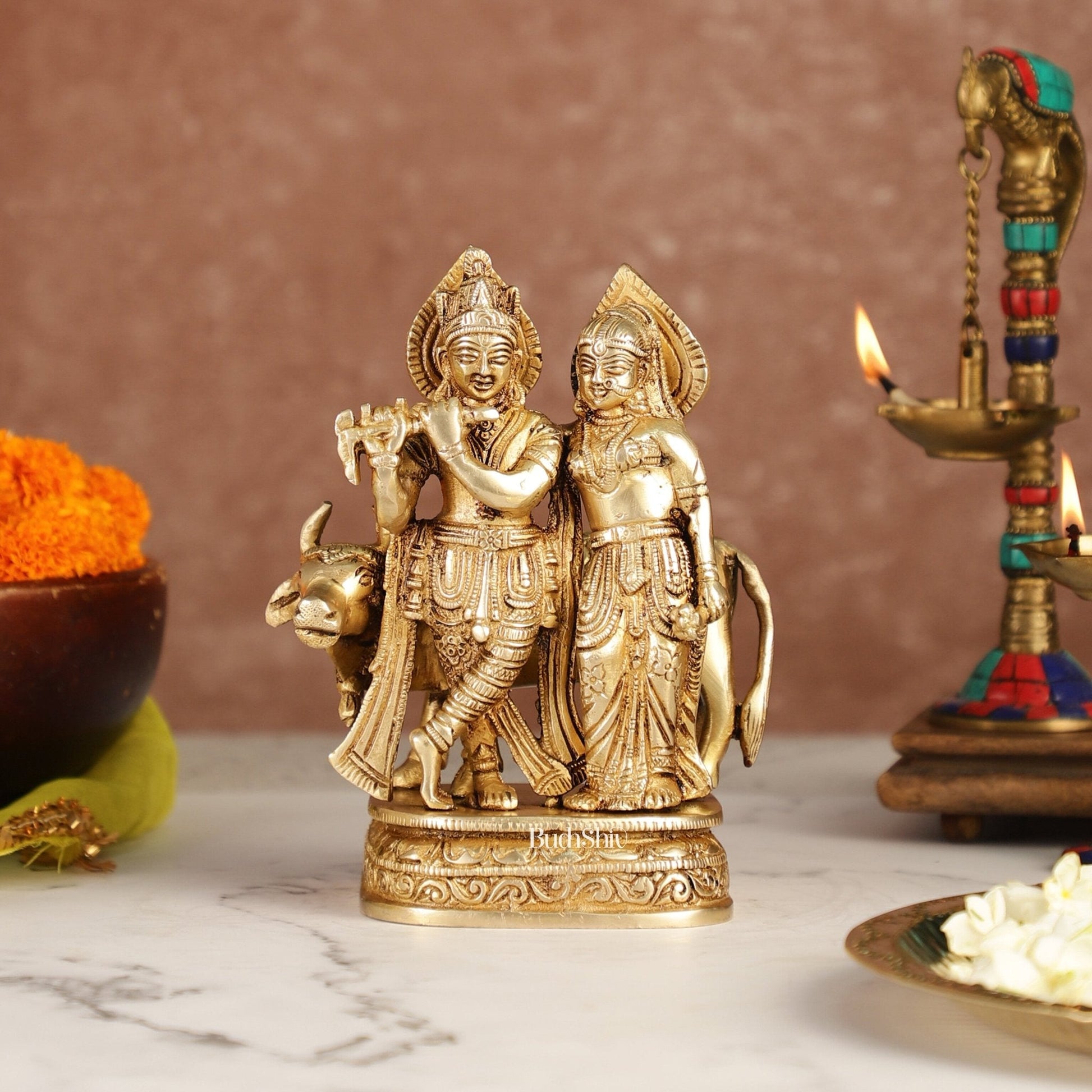 Divine Handcrafted Brass Radha Krishna with Cow Idol 7 Inch antique finish