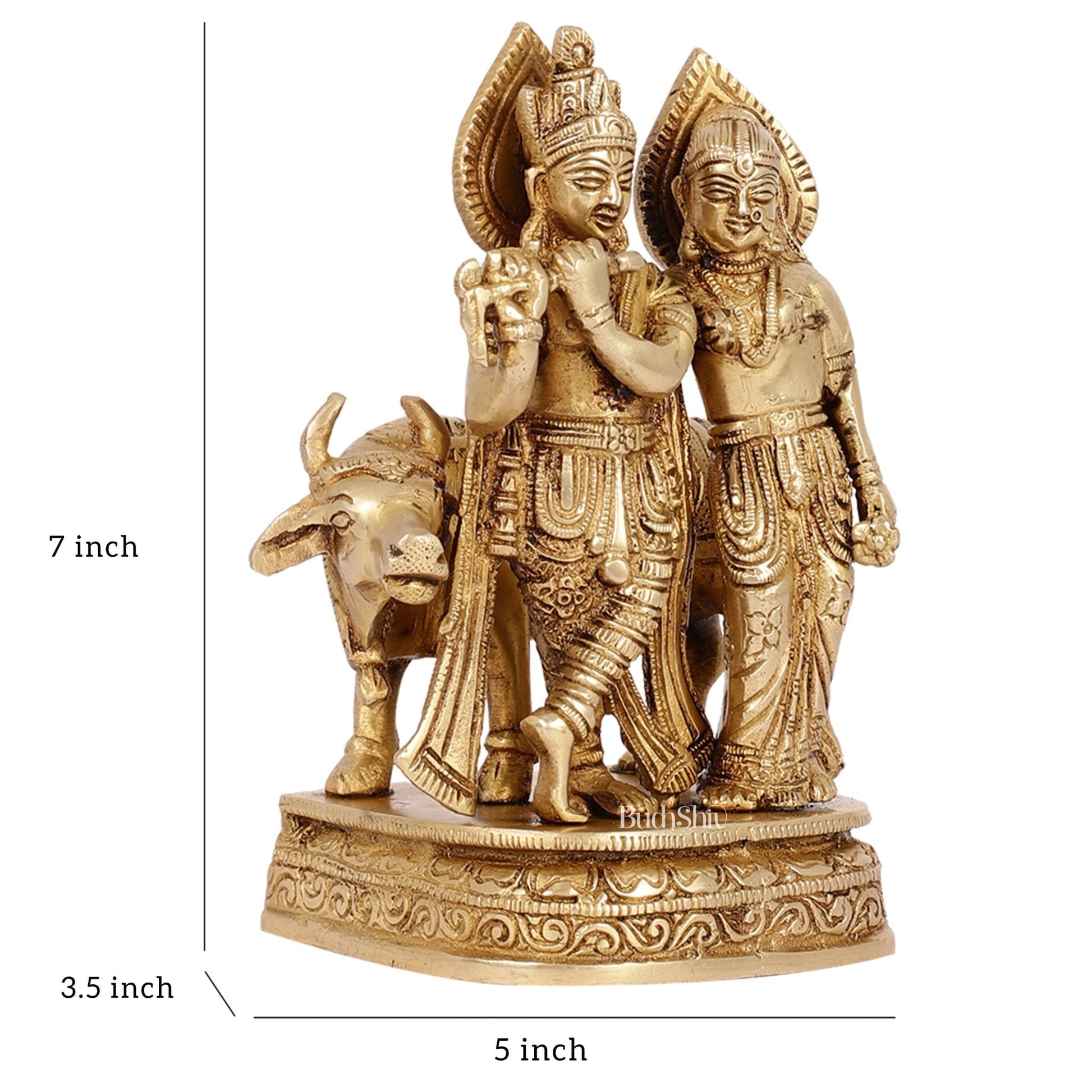 Divine Handcrafted Brass Radha Krishna with Cow Idol 7 Inch antique finish