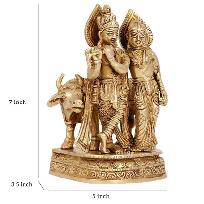 Divine Handcrafted Brass Radha Krishna with Cow Idol 7 Inch antique finish