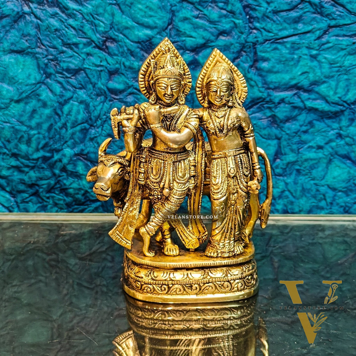 Divine Handcrafted Brass Radha Krishna with Cow Idol 7 Inch