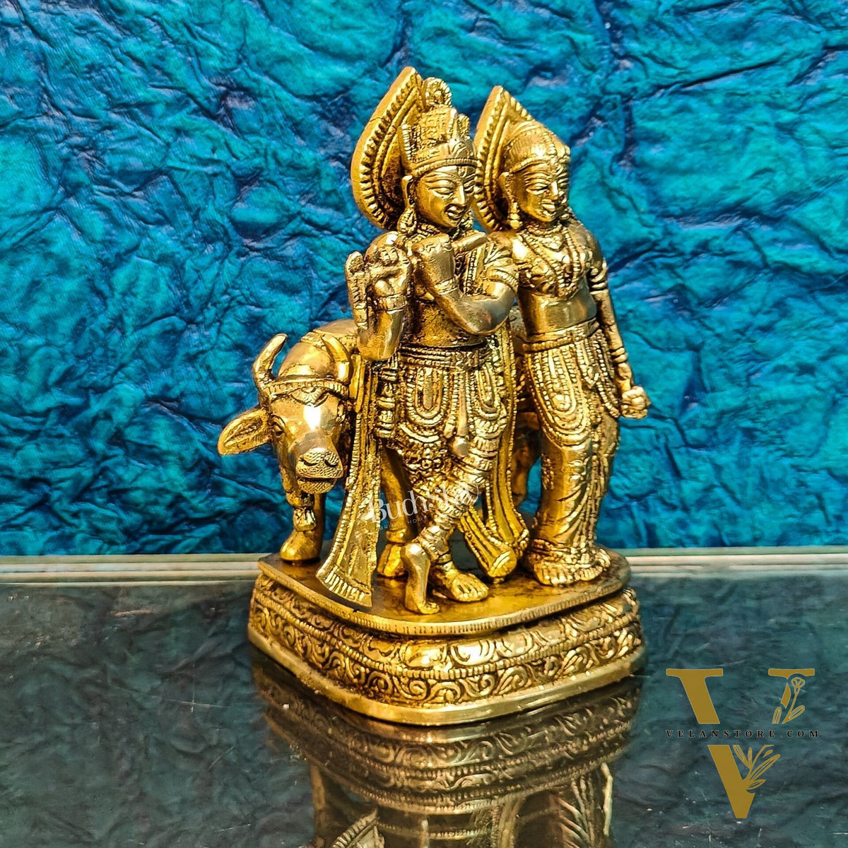 Divine Handcrafted Brass Radha Krishna with Cow Idol 7 Inch
