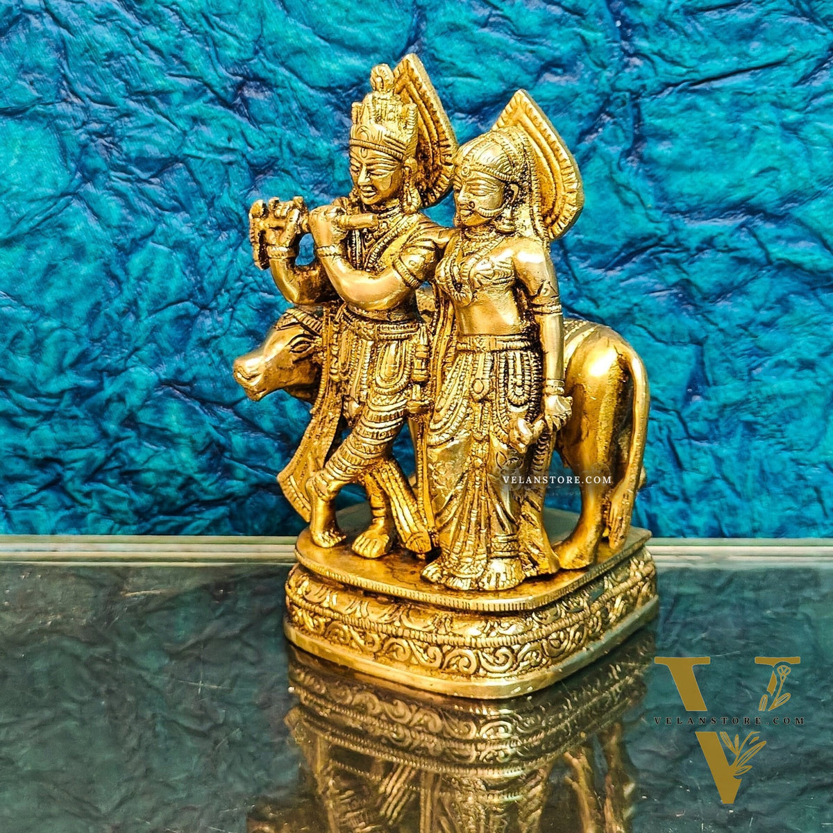 Divine Handcrafted Brass Radha Krishna with Cow Idol 7 Inch
