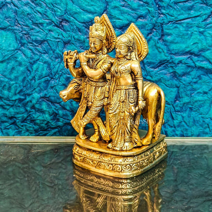 Divine Handcrafted Brass Radha Krishna with Cow Idol 7 Inch