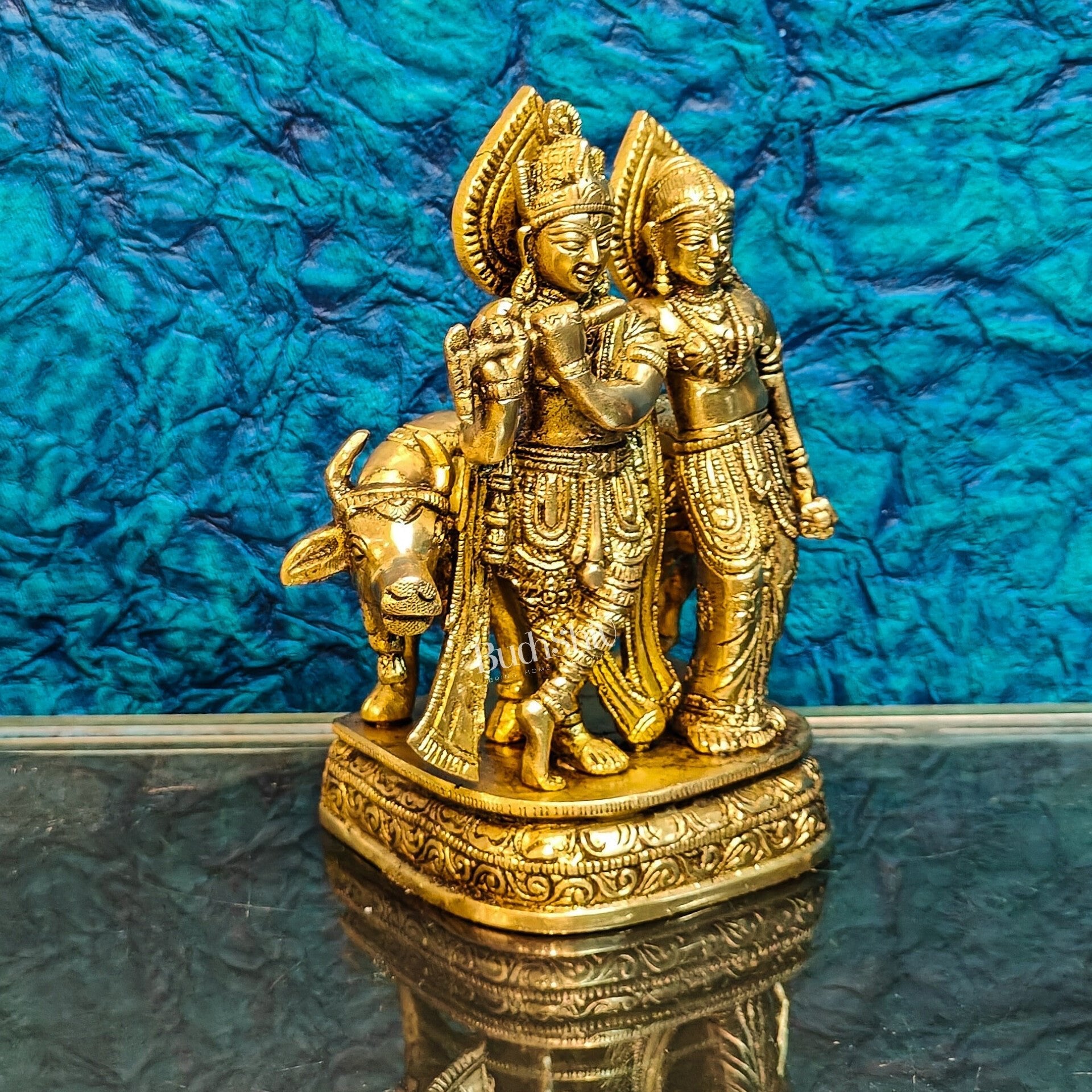 Divine Handcrafted Brass Radha Krishna with Cow Idol 7 Inch