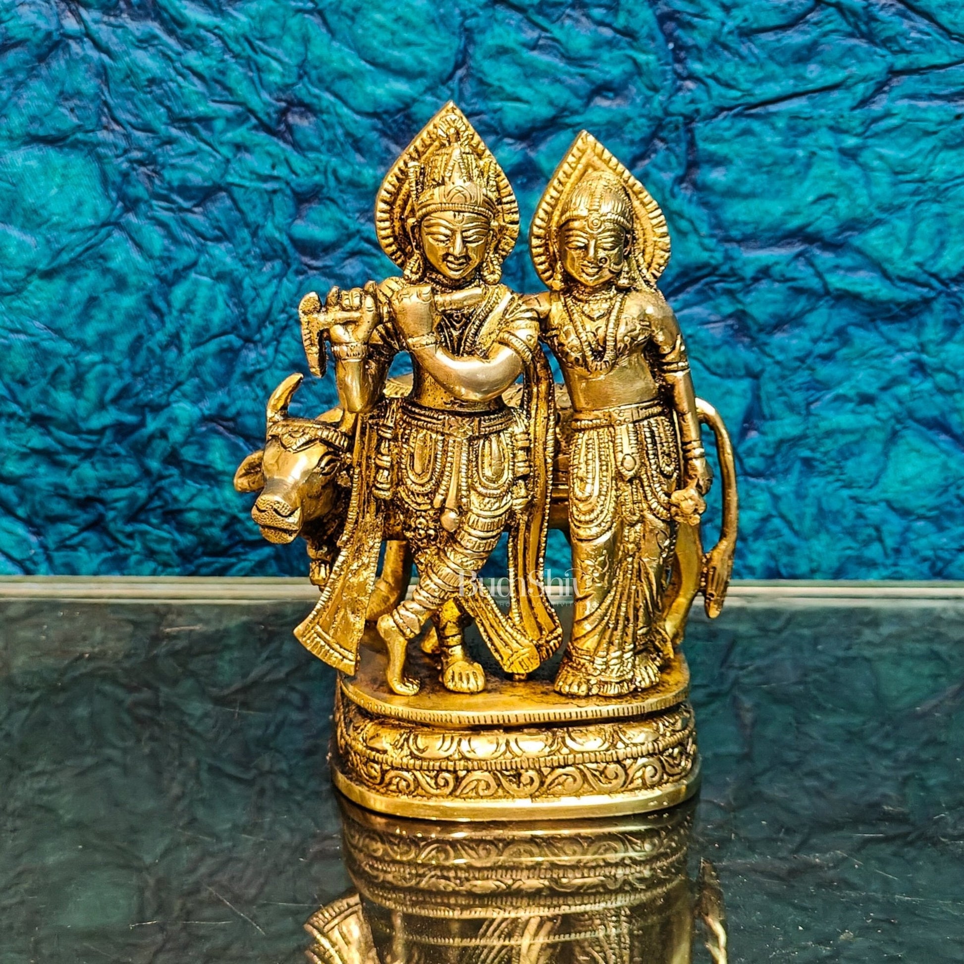 Divine Handcrafted Brass Radha Krishna with Cow Idol 7 Inch