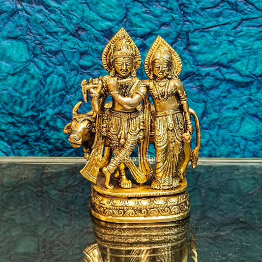 Divine Handcrafted Brass Radha Krishna with Cow Idol 7 Inch