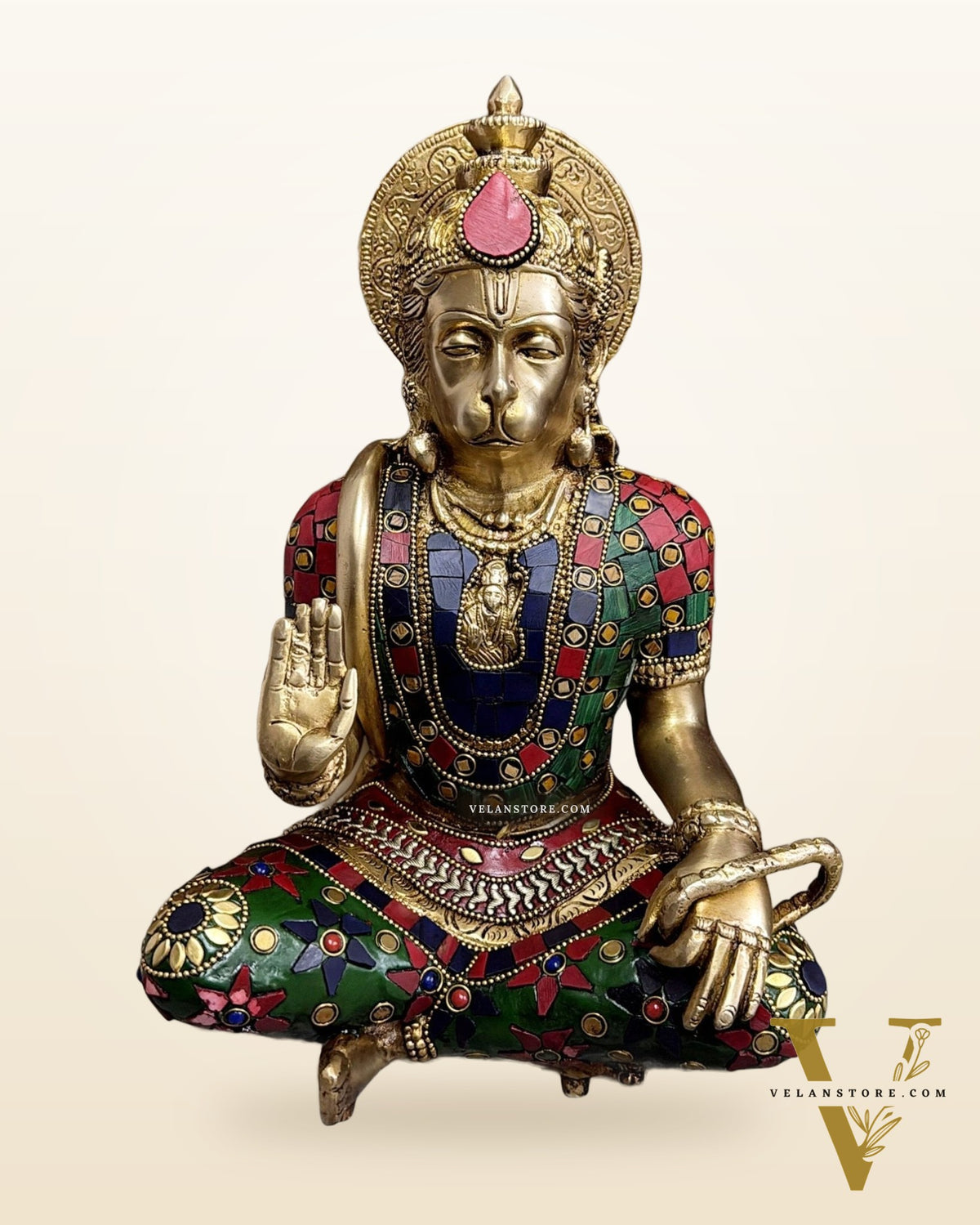 Divine Hanuman Brass blessing statue | Pure Brass with Stonework | 11"