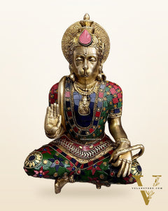Divine Hanuman Brass blessing statue | Pure Brass with Stonework | 11"
