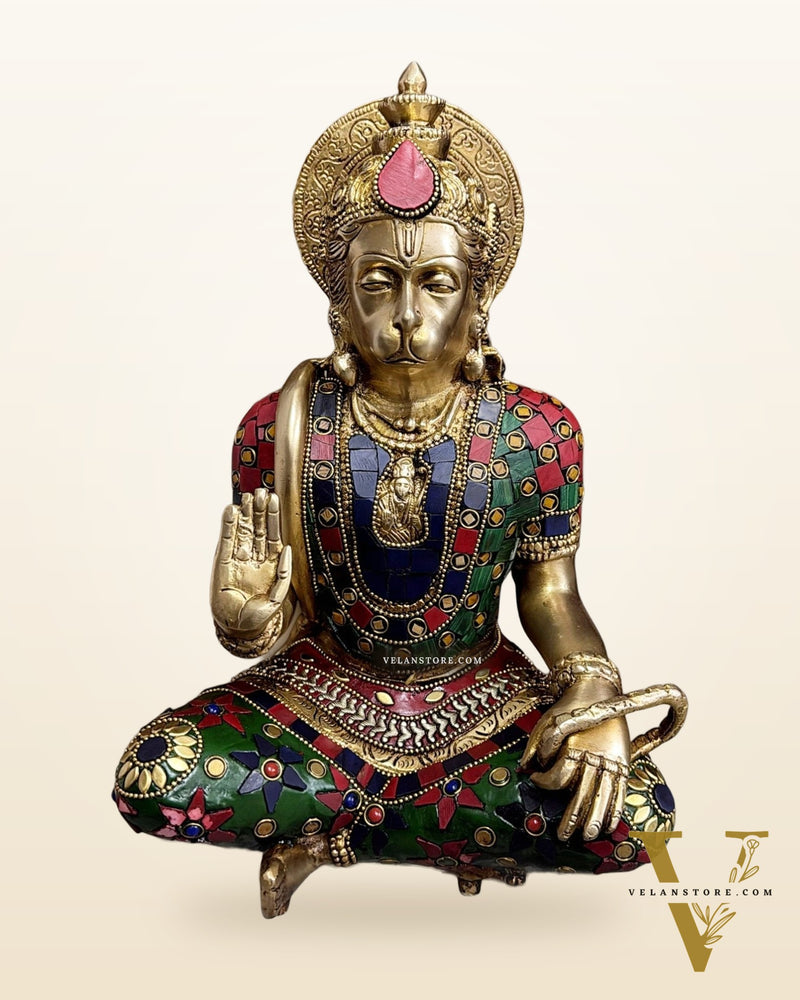 Divine Hanuman Brass blessing statue | Pure Brass with Stonework | 11"