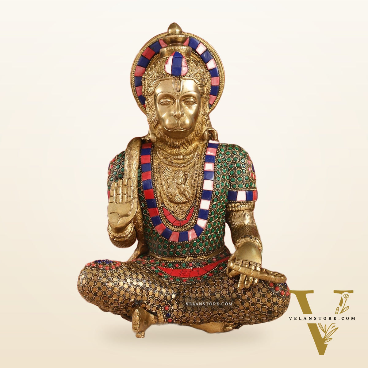 Divine Hanuman Brass Idol in Abhaya Mudra | Pure Brass with Stonework | 11"