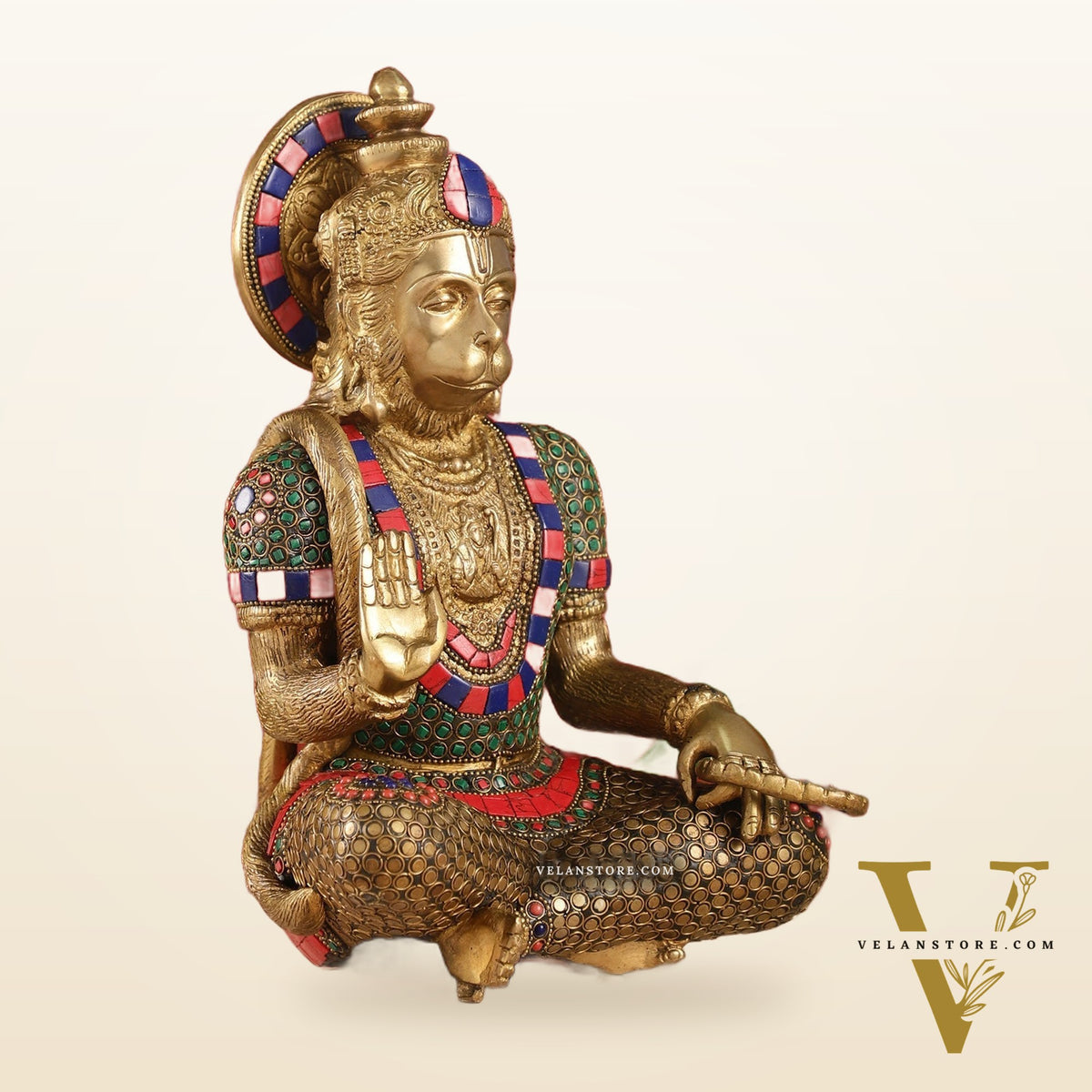 Divine Hanuman Brass Idol in Abhaya Mudra | Pure Brass with Stonework | 11"