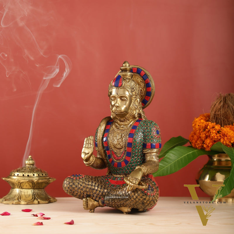 Divine Hanuman Brass Idol in Abhaya Mudra | Pure Brass with Stonework | 11"
