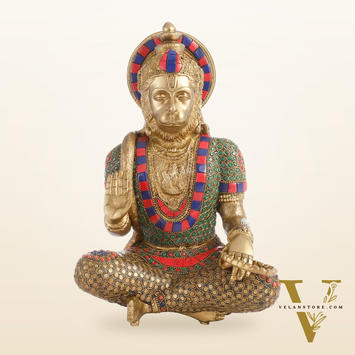 Divine Hanuman Brass Idol in Abhaya Mudra | Pure Brass with Stonework | 11"