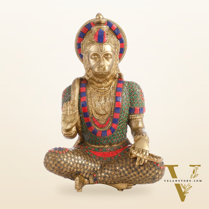 Divine Hanuman Brass Idol in Abhaya Mudra | Pure Brass with Stonework | 11"