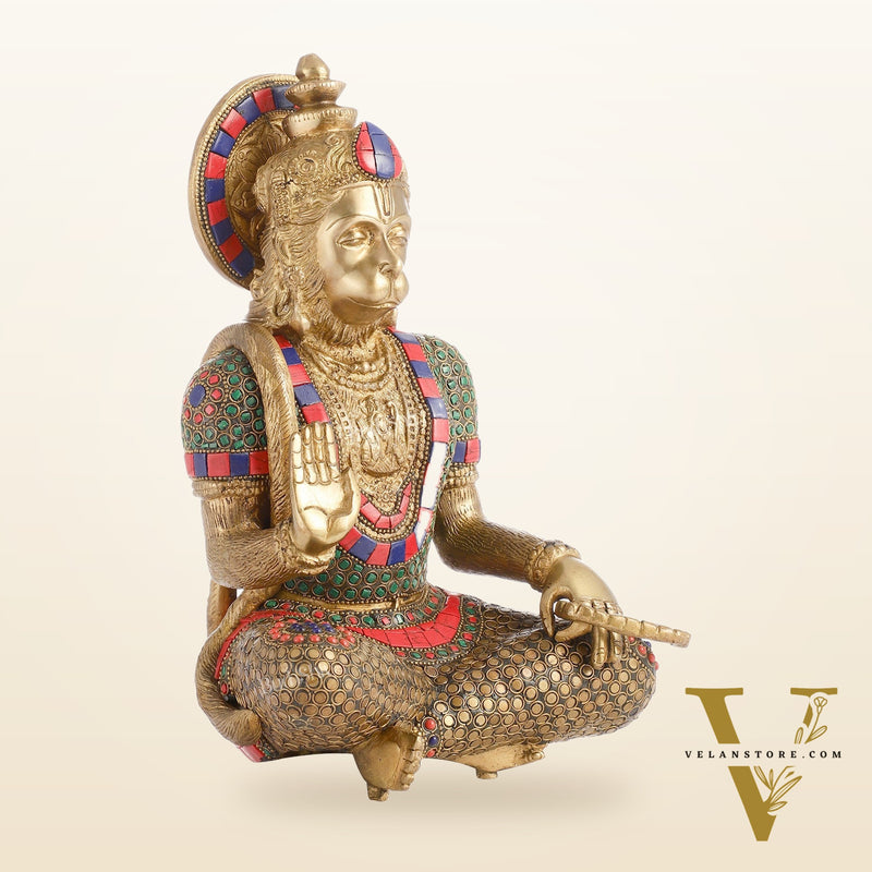Divine Hanuman Brass Idol in Abhaya Mudra | Pure Brass with Stonework | 11"