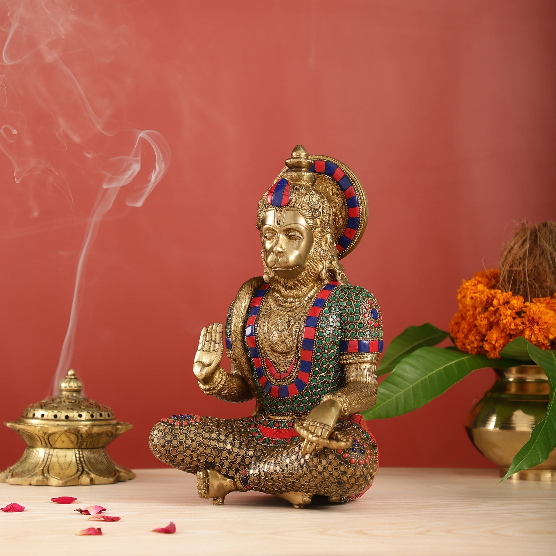 Divine Hanuman Brass Idol in Abhaya Mudra | Pure Brass with Stonework | 11"