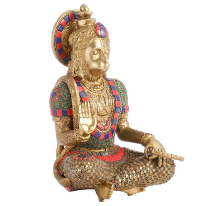 Divine Hanuman Brass Idol in Abhaya Mudra | Pure Brass with Stonework | 11"