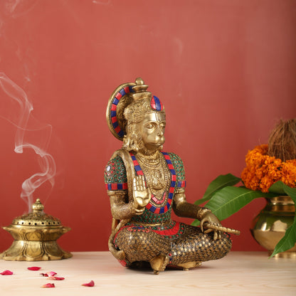 Divine Hanuman Brass Idol in Abhaya Mudra | Pure Brass with Stonework | 11"