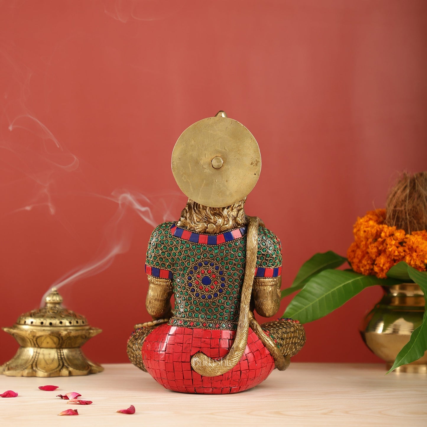 Divine Hanuman Brass Idol in Abhaya Mudra | Pure Brass with Stonework | 11"