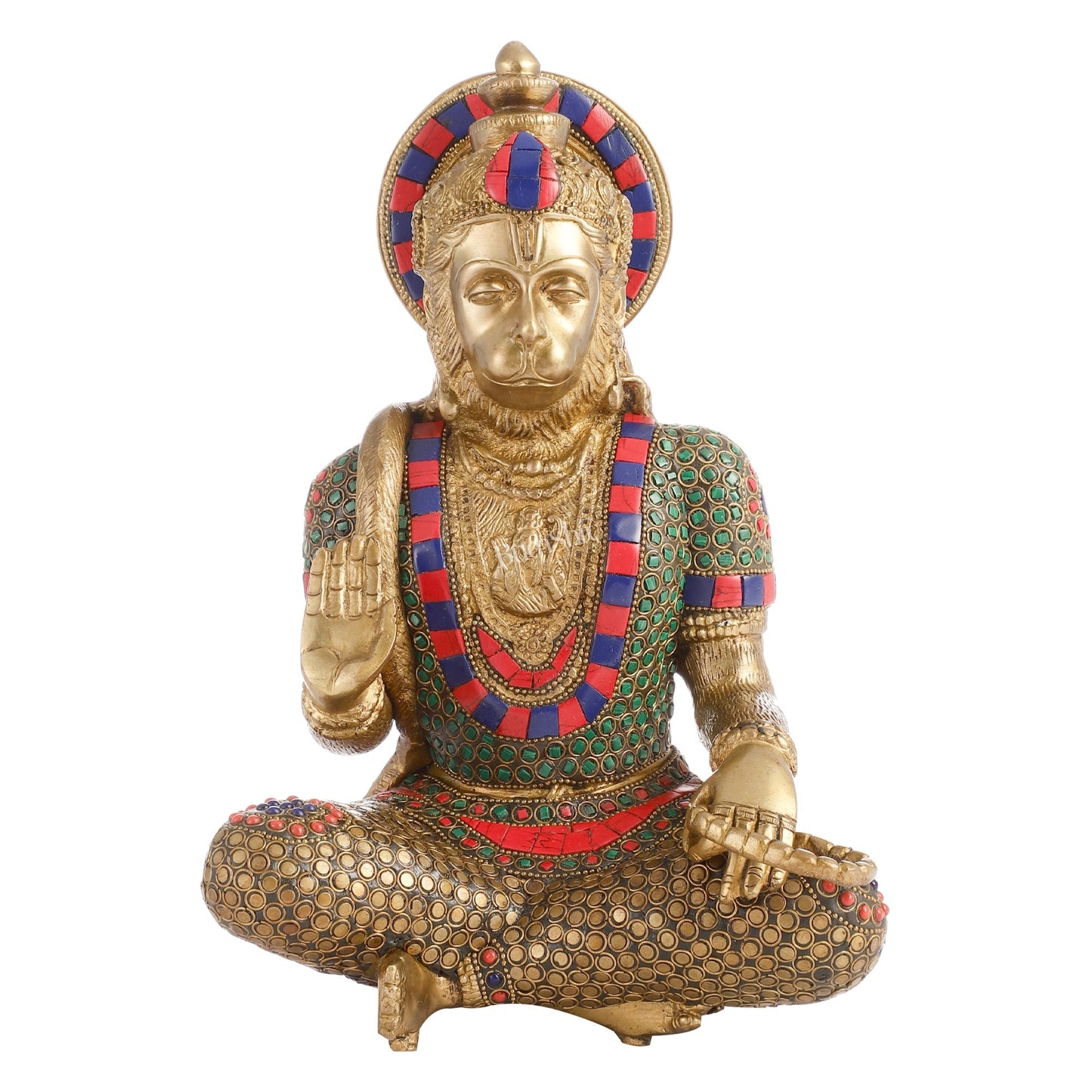 Divine Hanuman Brass Idol in Abhaya Mudra | Pure Brass with Stonework | 11"