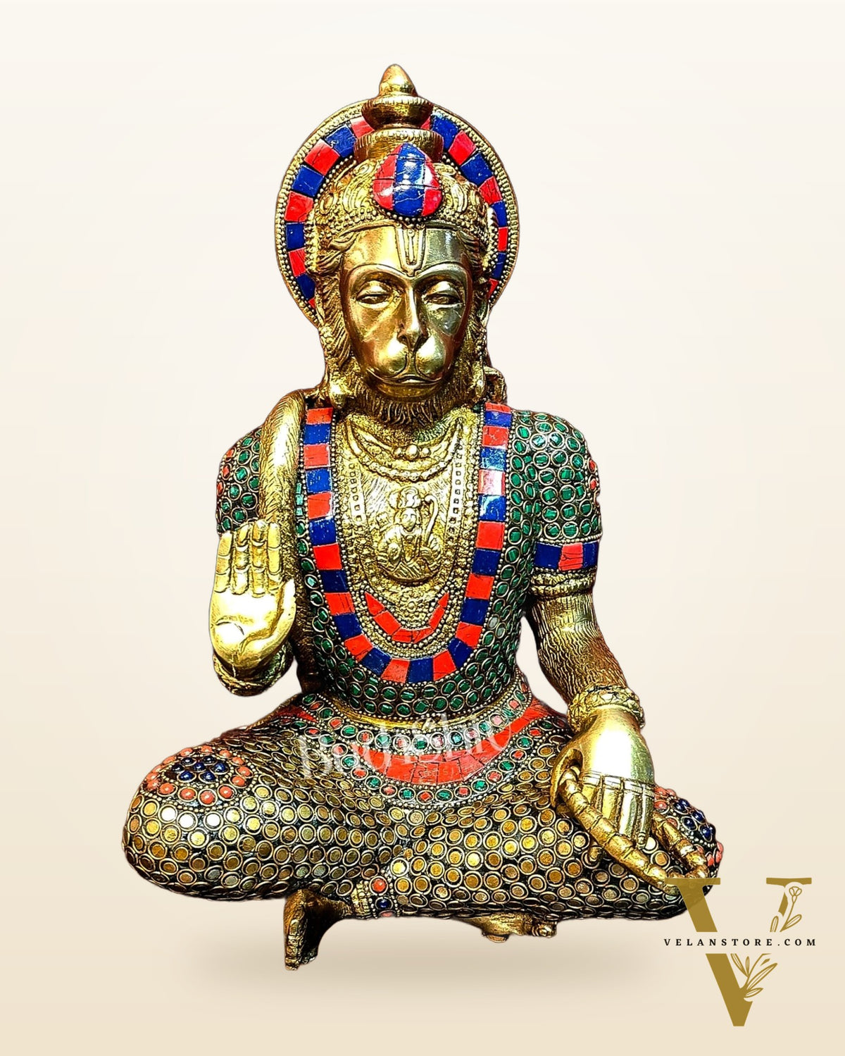 Divine Hanuman Brass Idol | Pure Brass with Stonework | 11"