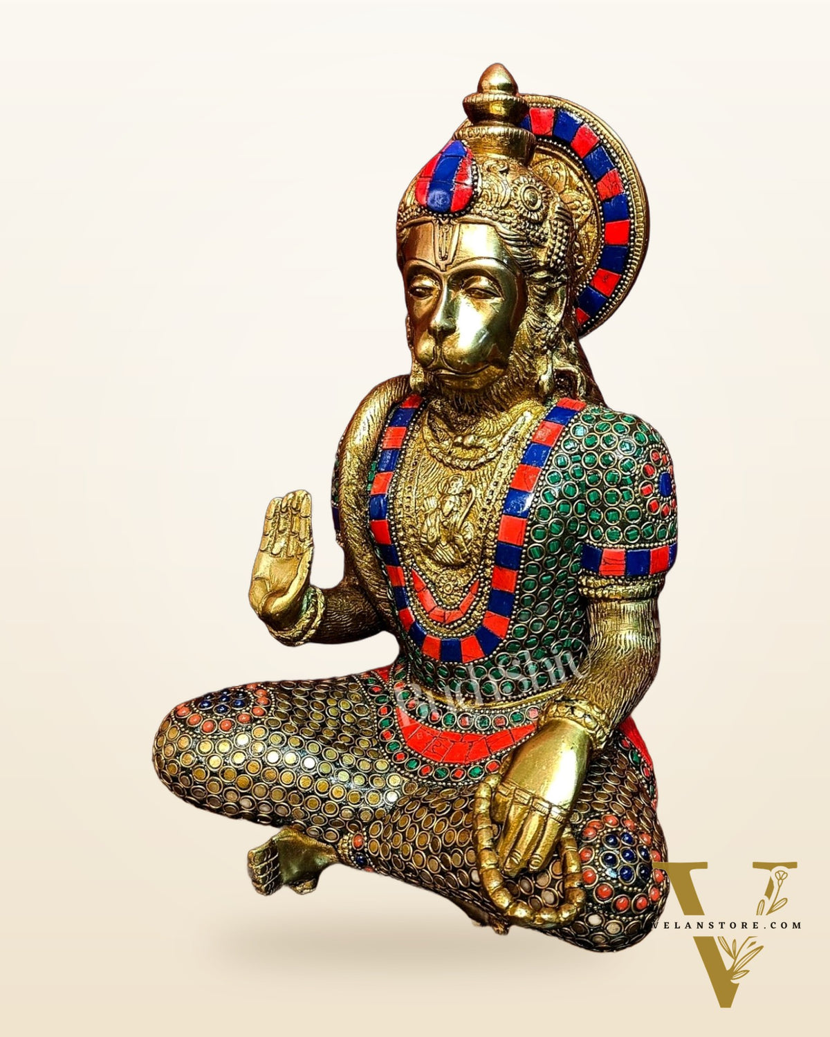 Divine Hanuman Brass Idol | Pure Brass with Stonework | 11"