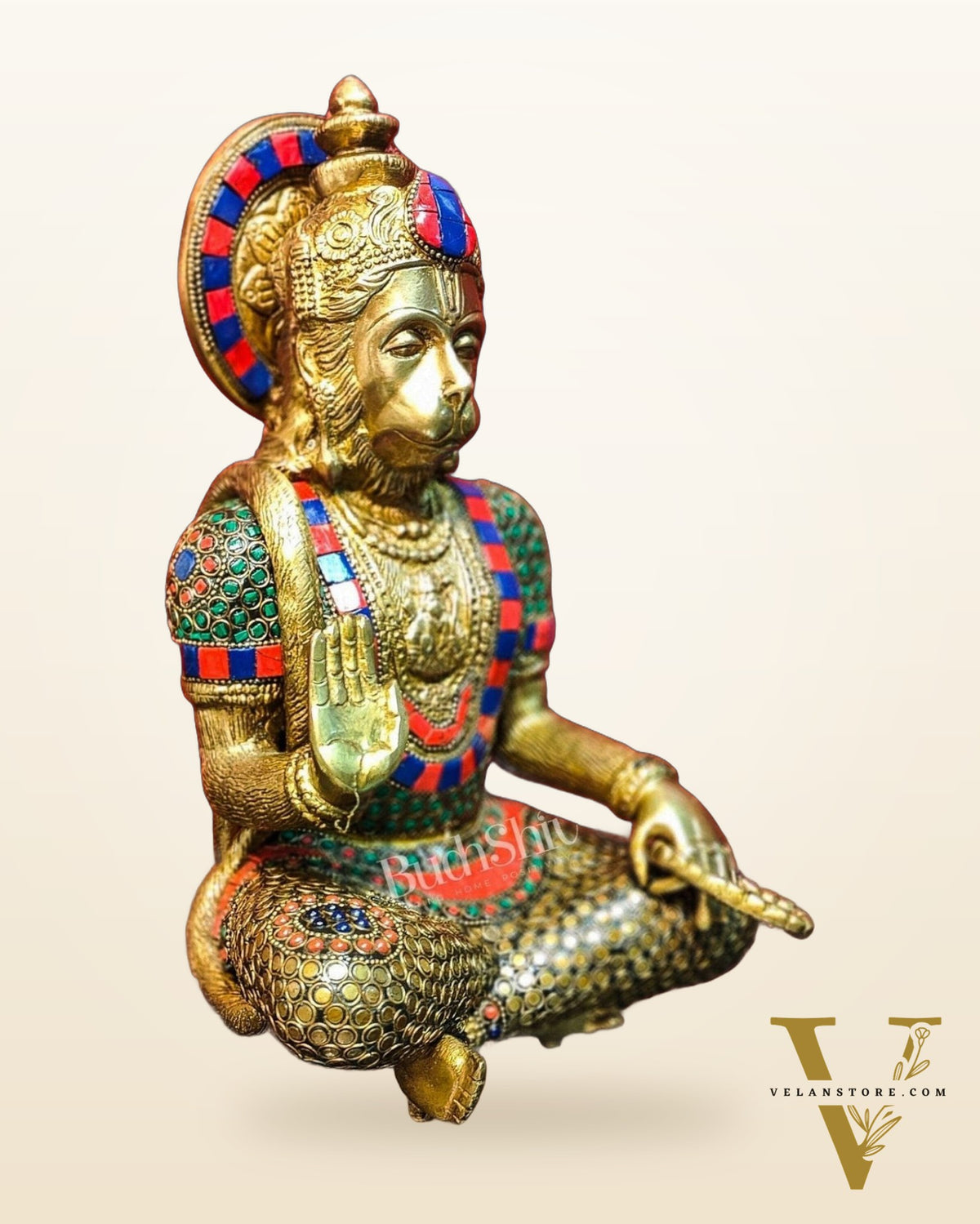 Divine Hanuman Brass Idol | Pure Brass with Stonework | 11"