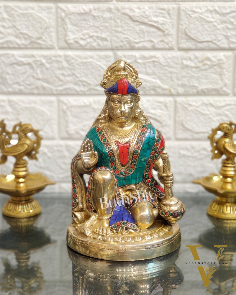 Divine Hanuman Idol in Pure Brass with Stonework 9"