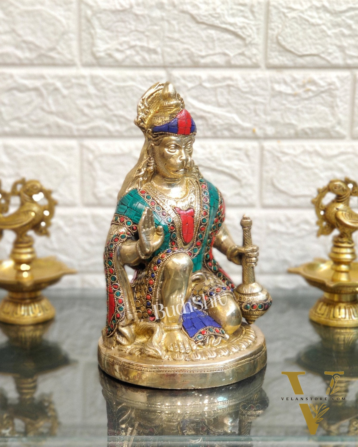 Divine Hanuman Idol in Pure Brass with Stonework 9"