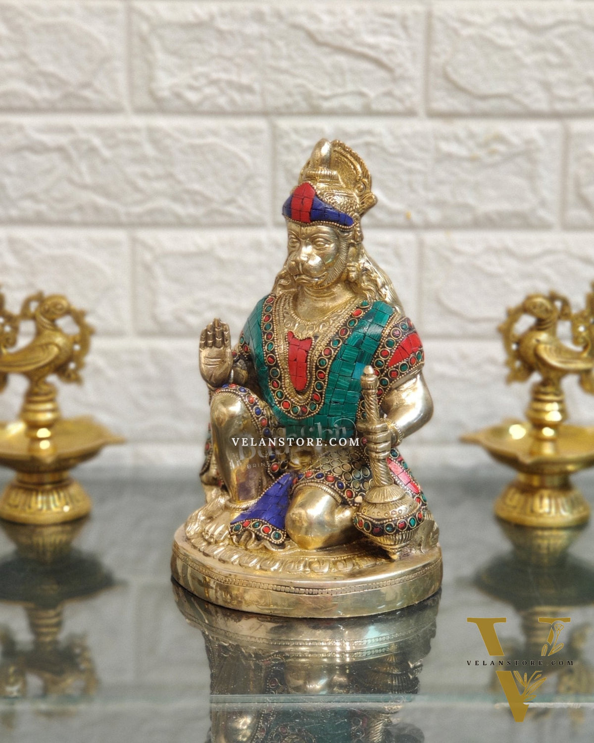 Divine Hanuman Idol in Pure Brass with Stonework 9"